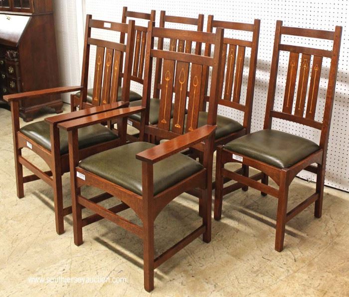 AWESOME BEAUTIFUL 10 Piece Mission Oak Dining Room Set with
2 Matching Corner Cabinets with Arts and Craft Style Leaded Doors and Inlaid Buffet,
Table and 6 Arts and Craft Style Inlaid Chairs Table has 2 Leaves and
Custom Table Pads in LIKE NEW CONDITION by “Stickley Furniture”
May be Offered Separate
Located Inside – Auction Estimate $8000-$15000