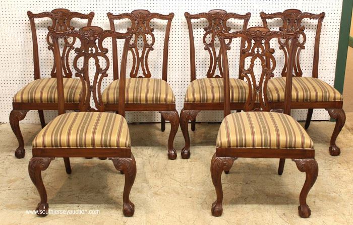 7 Piece Mahogany Banded and Inlaid Dining Room Table with 2 Leaves and 6 Carved Ball and Claw Dining Room Chairs in the Chippendale Style by “Ethan Allen Furniture”
Located Inside – Auction Estimate $800-$1500