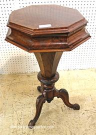 ANTIQUE Burl Mahogany Octagon Lift Top Sewing Stand with Contents
Located Inside – Auction Estimate $200-$400