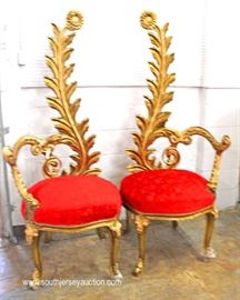 UNIQUE PAIR of Leaf Carved Sun Flower Top Fireside Chairs in the Gold Gilt Style
Located Inside – Auction Estimate $300-$600