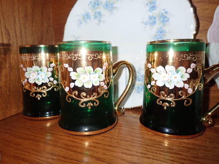 BOHEMIAN GREEN GLASS PAINTED CUPS 