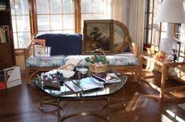 Rattan sofa, table, brass based coffee table with glass top