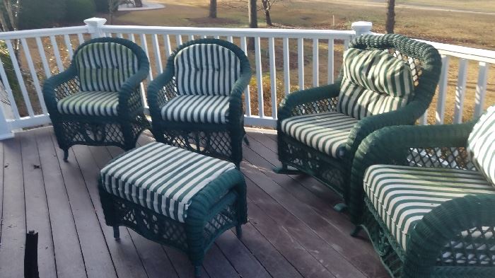 Wicker patio furniture ( 3 chairs and 1 rocker, an ottoman)