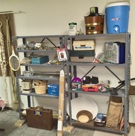 SHELVES FULL OF HOME & OUTDOOR ITEMS. NICE CLEAN ICE CREAM MAKER & WATER COOLER.