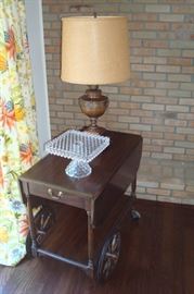 Henkel Harris tea cart and lamp. Cake plate sold.