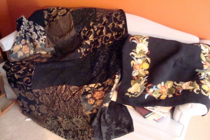 Antique buggy robe and needlepoint throw.
