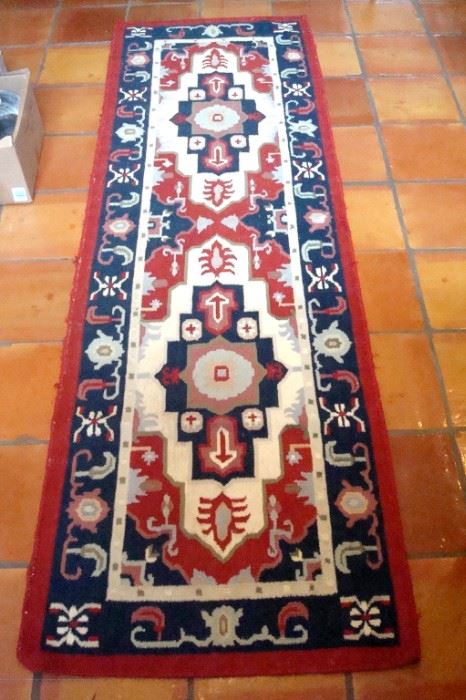 Antique Turkish Kelim hand made wool runner, size 30 inches by 97 inches.