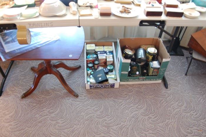 side table, collectible tins