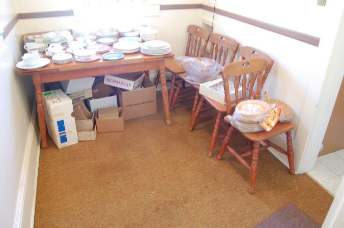 Maple kitchen table and 4 chairs, tons of china