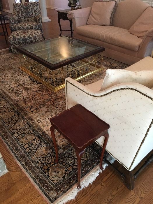 Wood, Brass & Beveled Glass Coffee Table (44” Square X 15.5” H) and like new,  traditional seating