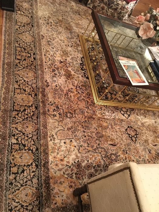  8’1” X 11’10” Oriental Rug and Wood, Brass & Beveled Glass Coffee Table (44” Square X 15.5” H)