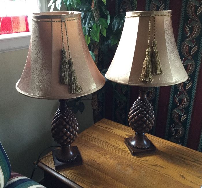 Pair of wood carved pineapple lamps.