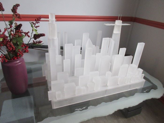 Custom acrylic skyline of Chicago sculpture and table