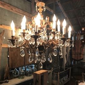 Antique Brass Chandelier with Prisms- New Wiring