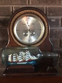 Wood framed Barometer with ship in the bottle
