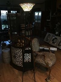 Tiffany like floor lamp, cheetah print Queen Anne chair