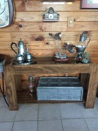 Pewter tray with coffee pot and sugar and creamer, vintage storage locker
