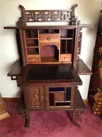 Mohagany inlaid secretary with stain glass door panels