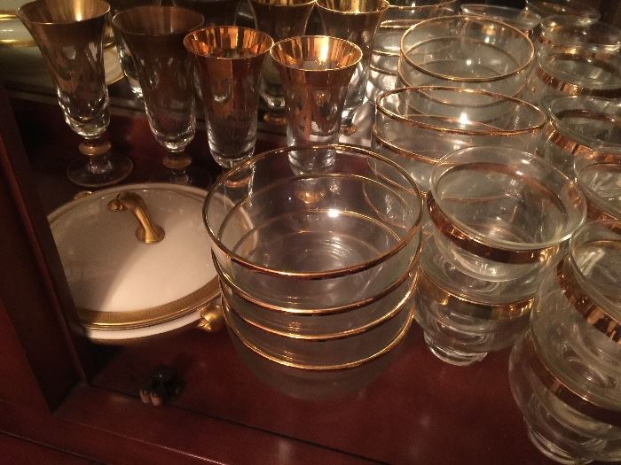 Vintage gold rim serving bowls, and shrimp cocktail chiller bowls
