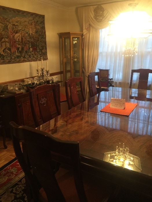 Vintage Reinhardt Chinese carved dining room table with 6 chairs