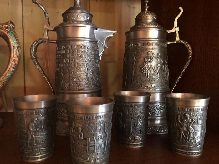 Vintage German pewter stein and drinking glasses