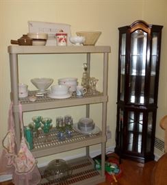 more glassware, margarita set, lighted display cabinet