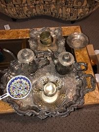 SILVER-PLATED TEA SET AND TRAY