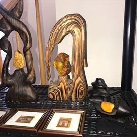 WOODEN HAND CARVED SCULPTURES WITH AMBER