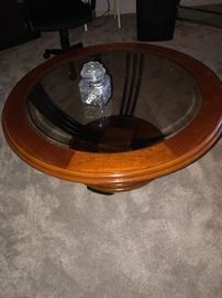ROUND WOODEN GLASS TOP COFFEE TABLE