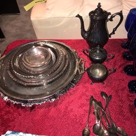 SILVER-PLATED SERVING TRAYS / CREAM AND SUGAR & COFFEE POT