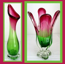 2 Gorgeous Murano Vases, Very Pretty Watermelon Tourmaline Color