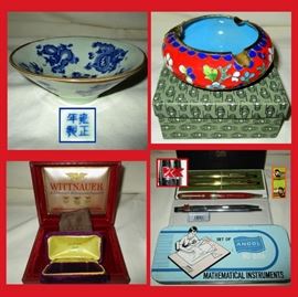 Asian Signed Bowl, Ornate Ashtray in Original Box, Vintage Wittnauer and Jewelry Boxes, Presentation Cross Pens and Mathematical Instruments Tin 