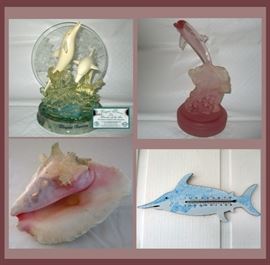 Porpoise and Baby Light, Pink Porpoise Figurine, Nice Conch Shell and Fish Thermometer 