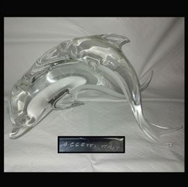 Heavy Cased Glass Signed Oggetti Italy Dolphin and Baby Sculpture; Just Stunning!