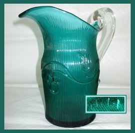 Pretty Green Glass Pitcher Marked MMA, Metropolitan Museum of Art 