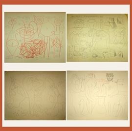 Pablo Picasso Complete Portfolio, Mes Dessins d'Antibes 1946, Dated 1958. The Portfolio Includes 16 Lithographs, 2 Cover Sheets, Imprint and Introductory Text by Georges Salles and all Images are on Velin by Arches (with Watermark) in Original Linen Covered Folder, showing 4 of the 16 Lithos, each measures approximately 26"W x 20"H