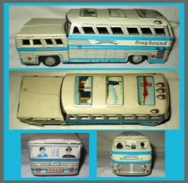 Vintage Metal Tin Litho Greyhound Bus with Great Graphics 