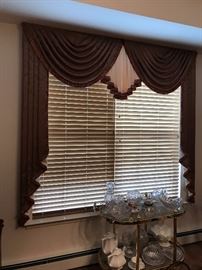 Window treatment jabots and triple valance, brown brocade, ivory lined