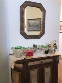 decorative hall cabinet and mirror 46 long x 19 deep x 36.5 high