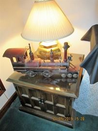 IRON AND WOOD TRAIN, SIDE TABLE AND LAMP