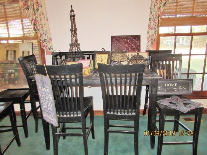 TABLE AND CHAIR SET, WITH PARIS THEMED DECOR ATOP OF THE TABLE