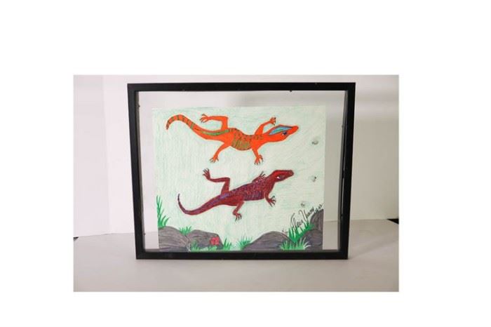 Floria Yancey Framed Marker On Paper "Two Lizards"         Lot#Rw124