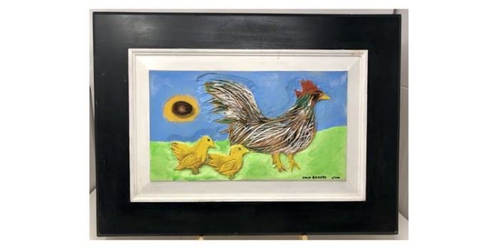 David Ricketts "Hen With Two Chicks" Carved Wood With Acrylic - Lot#RW118