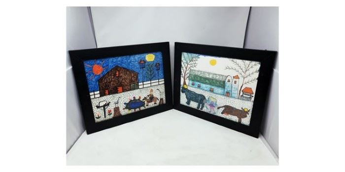 Piar (2) Of Louise Mabe Framed Marker & Paper Drawings - Lot#RW146
