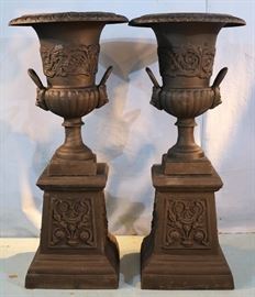 014a Pair cast iron black garden urns, 41 in. T, 18 in. Dia.