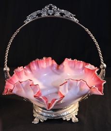 120a Victorian brides basket with case glass fluted bowl, 12.5 in. T, 12 in. W.