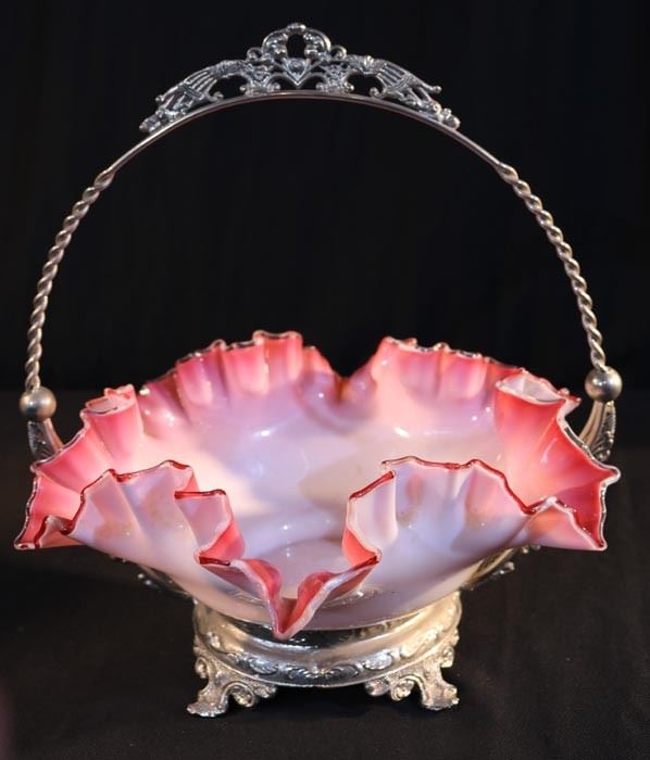 120a  Victorian brides basket with case glass fluted bowl, 12.5 in. T, 12 in. W.