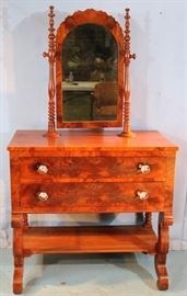 144a Mahogany Empire dresser with glass pulls, scroll feet and mirror, 66 in. T, 37 in. W, 19 in. D.
