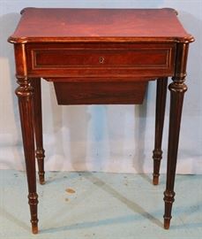 165a Mahogany sewing stand with lift top and thread drawer, 29 in. T, 22 in. W, 15 in. D.