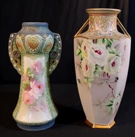 199a 2 H.P. Nippon vases with handles, 11 in. T.